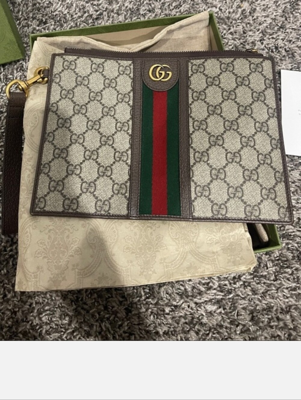 Gucci Brown GG Supreme Wristlet with Red & Green Web Stripe